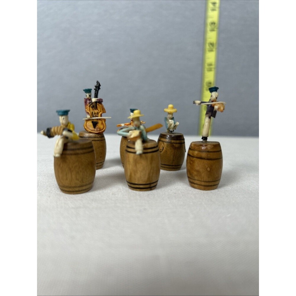 VTG Mini Ragtime Band Musicians Wooden Barrels Figure Japan 1940-50s Set of 6